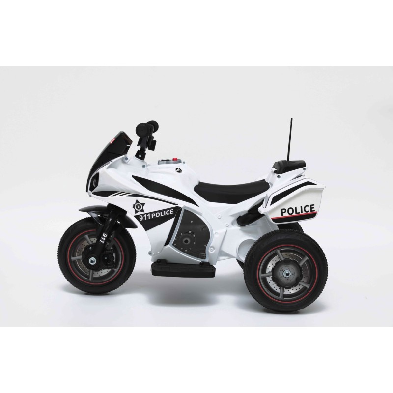 Moto Elettrica Polizia per bambini con Musiche Luci Mp3 Marcia avanti e indietro accelleratore 3 ruote