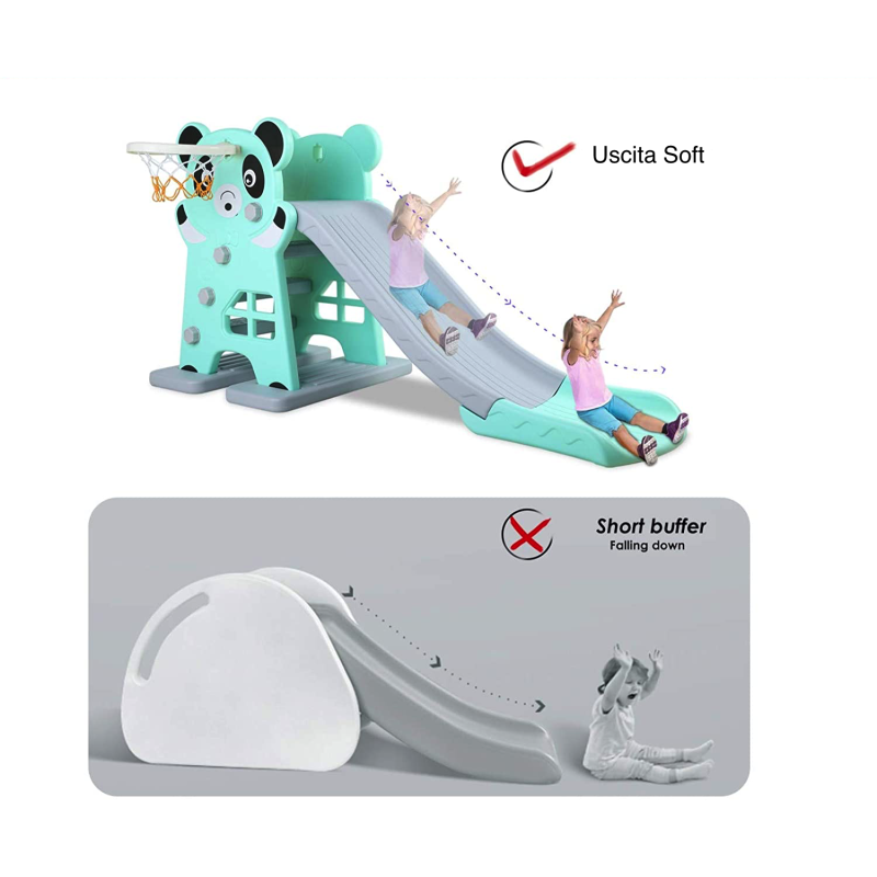 Scivolo per Bambini Giardino Esterno Interno Panda Multifunzione con canestro uscita Soft H79 x L152 x L73 